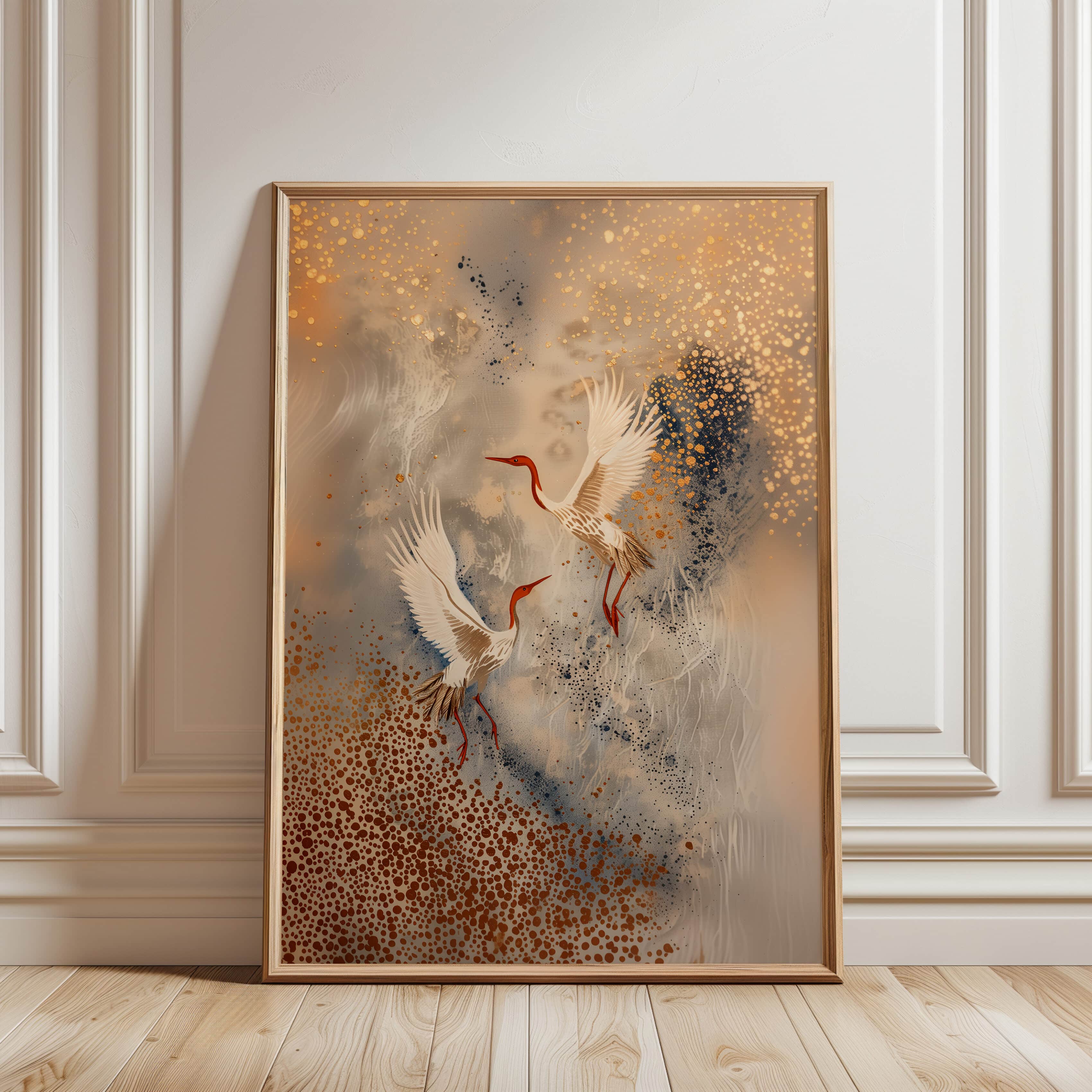 Japanese Flying Cranes Print Artwork, Extra Large Beige & Gold Minimalist Framed Wall Art, Elegant Japanese Decor for Home or Unique Gift