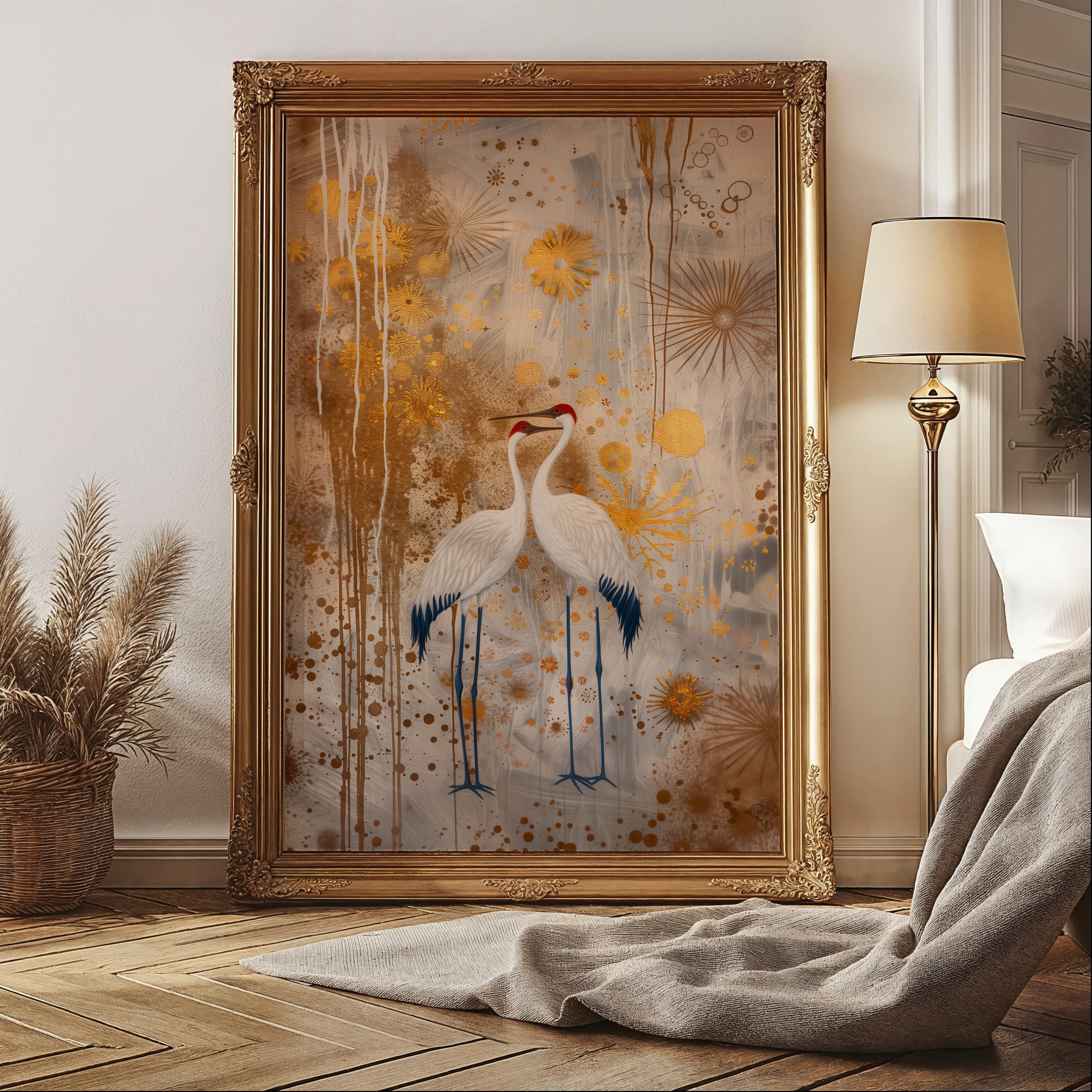 Beige & Gold Japanese Couple of Cranes Print, Elegant Asian Bird Wall Art for Minimalist and Japandi Decor, Vintage Wabi Sabi Artwork