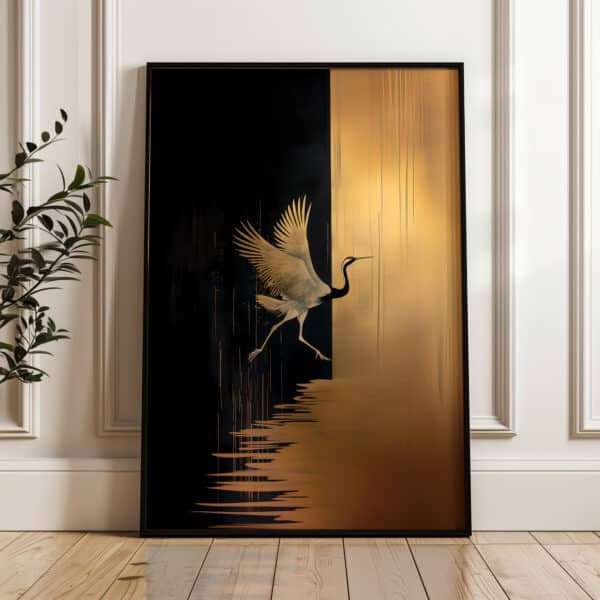 Elegant Black & Gold Japanese Crane Artwork, Exquisite Flying Crane Print, Vintage Wall Art for Japandi & Wabi Sabi Decor