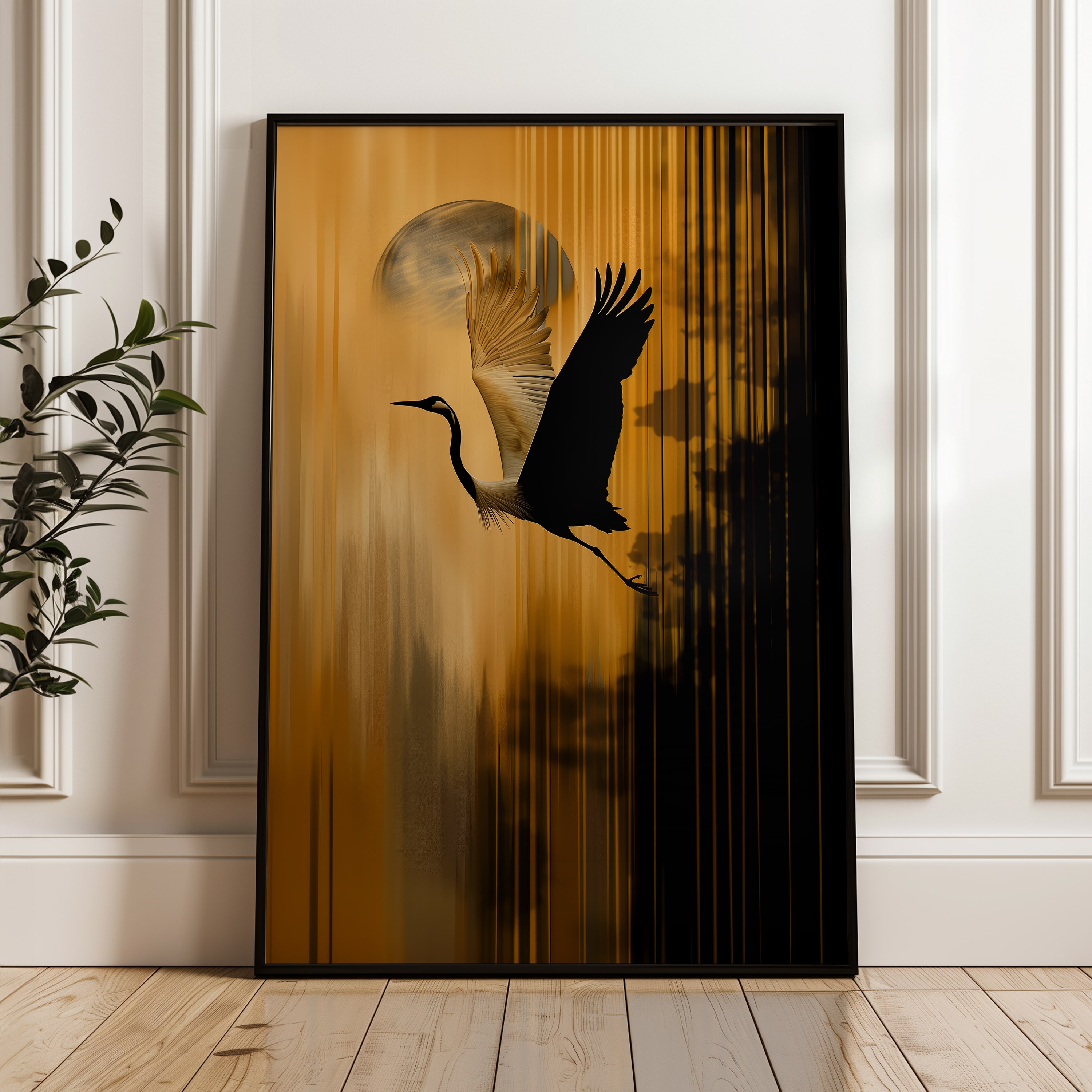 Stunning Japanese Flying Crane Art, Large Gold Accent Print for Wabi Sabi Spaces, Unique Oriental Bird Artwork for Minimalist Vintage Decor