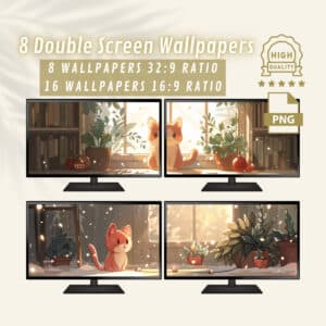 Cute Red Cat and Christmas Magic Dual Display Desktop Backgrounds, Charming Two Monitor Wallpapers, Ideal for Cozy Seasonal Computer Decor