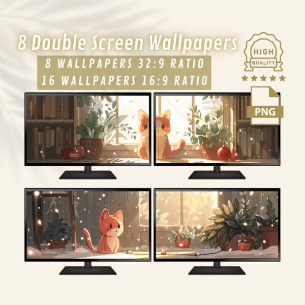Cute Red Cat and Christmas Magic Dual Display Desktop Backgrounds, Charming Two Monitor Wallpapers, Ideal for Cozy Seasonal Computer Decor