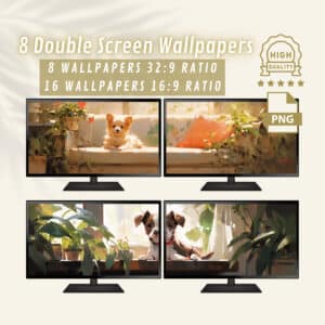 Puppy and Plants Dual Screen Wallpapers, Adorable Extended Desktop & PC Backgrounds, Enhancing your Ultrawide Computer Aesthetics