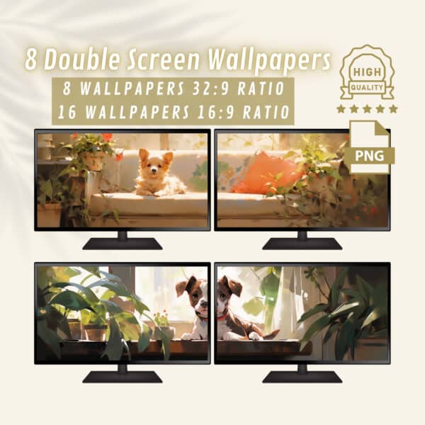 Puppy and Plants Dual Screen Wallpapers, Adorable Extended Desktop & PC Backgrounds, Enhancing your Ultrawide Computer Aesthetics