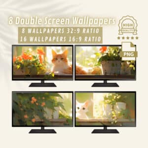 Cat and Plants Dual Display Backgrounds, Cute Wallpaper Computer Set for Multi Monitor Setups, Perfect Gift for Animal Lovers and Home Office Decor