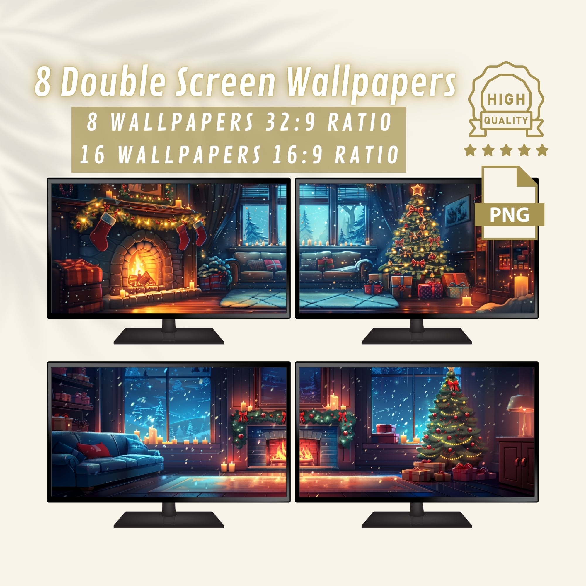 Anime Festive Fireplace Retreat Dual Screen Wallpapers, Cozy Holiday Anime Studio Backgrounds for Dual Monitor Setup for Desktop and PC