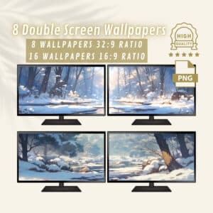 Winter Forest Dual Screen Super Ultrawide Wallpapers, Serene Snowy Landscape Double Computer Monitor Backgrounds, Cozy Desktop & PC Setup