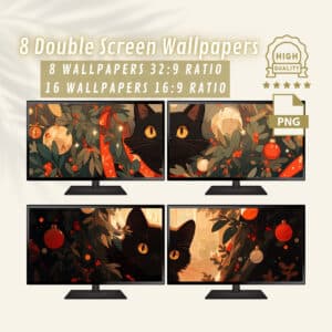 Black Cat and Christmas Aesthetics Dual Display Backgrounds, Cute Xmas Theme for Dual Monitor Setup, Festive HD Wallpaper for Christmas Gift