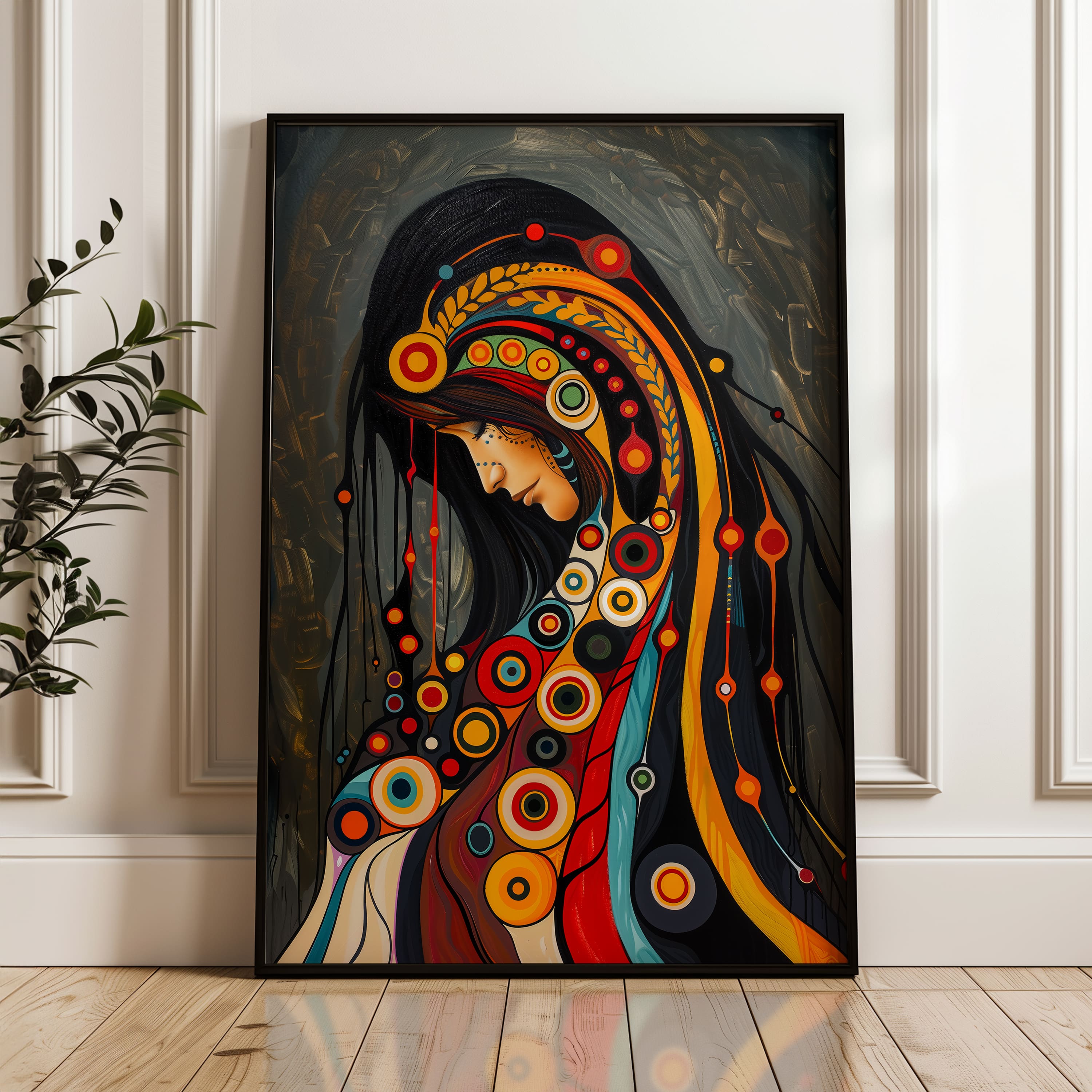 Elegant Woman Portrait Print in Style of Aboriginal Canada Art, Striking Contemporary Maximalist Wall Art for Ethnic Home Accent, Great Gift Idea