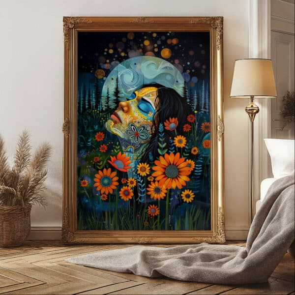 Floral Woman Portrait Print Inspired by Indigenous Art, Colorful Maximalist Wall Art for Home Decor, Canadian Aboriginal Artwork Housewarming Gift