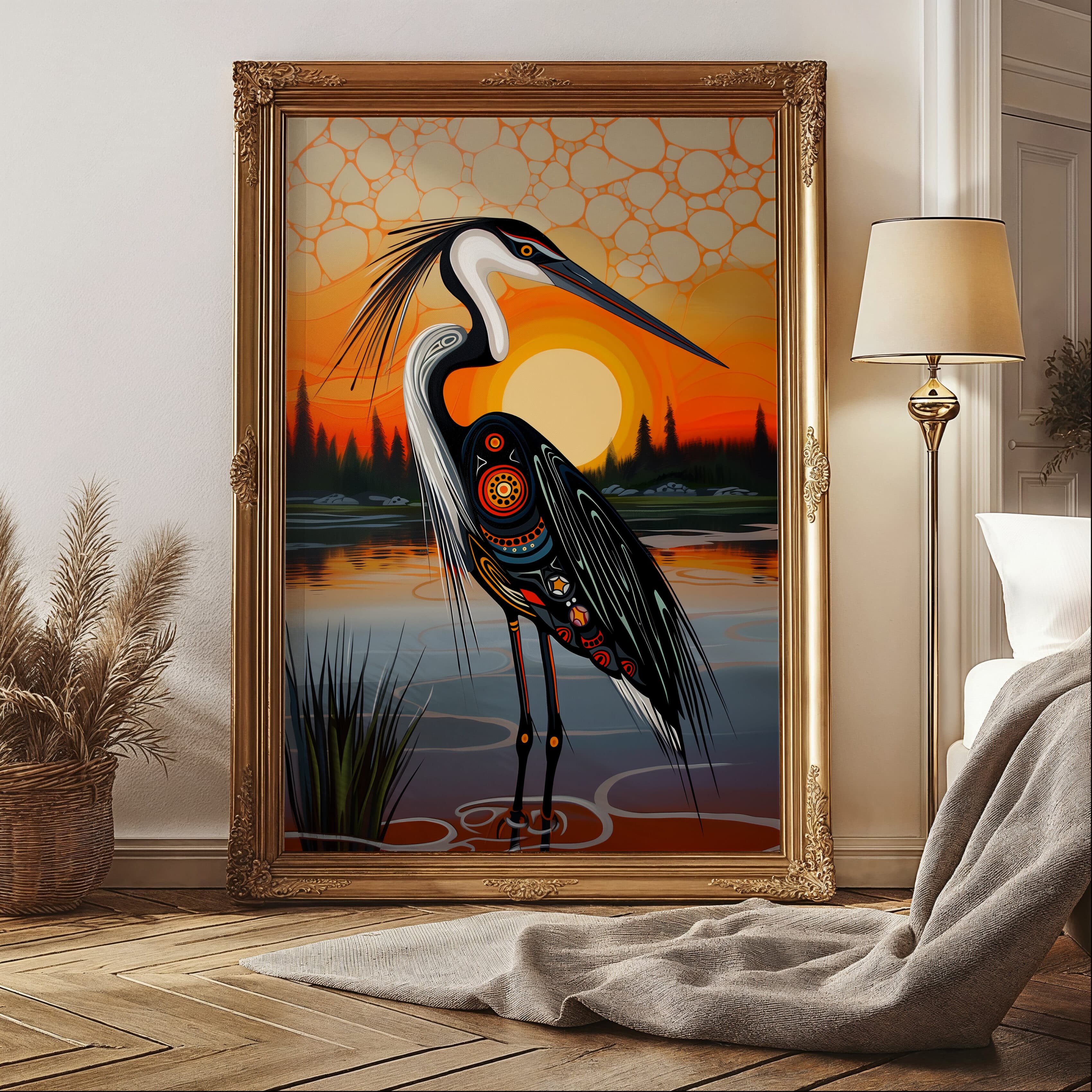 Colorful Heron Art Inspired by Indigenous Canadian Aboriginal Art, Contemporary Inuit Style Wall Decor, Maximalist Wedding or Housewarming Gift