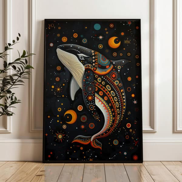 Maximalist Canadian Art for Unique Wall Decor, Black Killer Whale Print in Indigenous First Nations Art Style, Wall Decor and Housewarming Gift