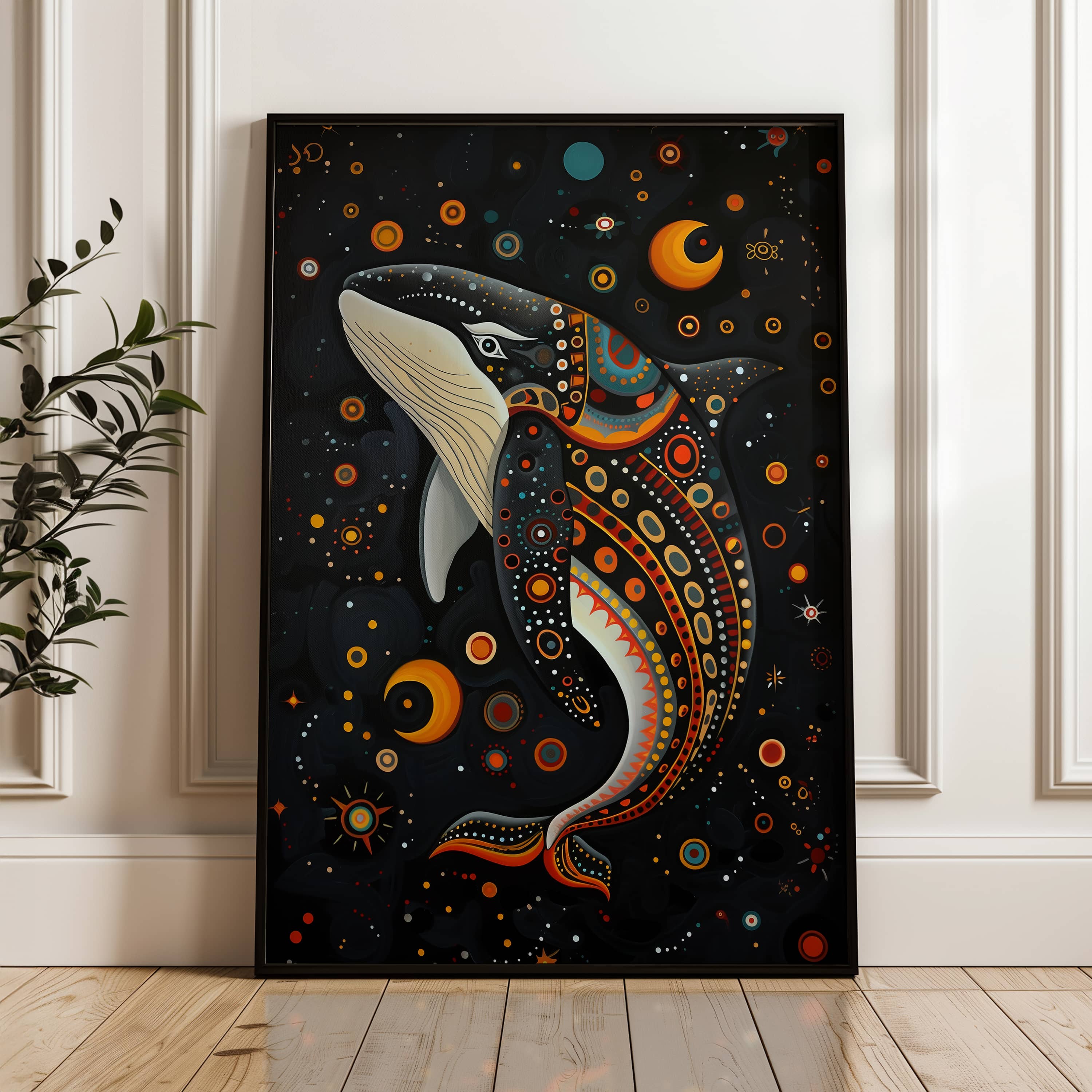 Maximalist Canadian Art for Unique Wall Decor, Black Killer Whale Print in Indigenous First Nations Art Style, Perfect for Wall Decor and Housewarming Gift