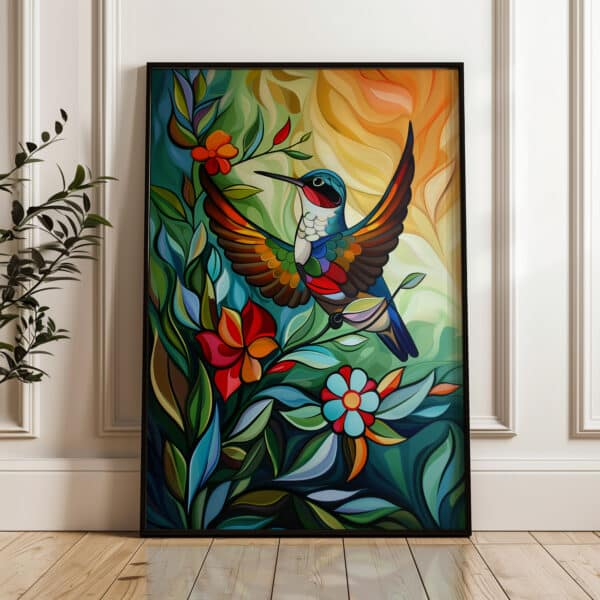 Vibrant Hummingbird Canadian Aboriginal Style Artwork, Maximalist and Indigenous-Inspired Print for Bold Decor, Perfect Housewarming & Wedding Gift