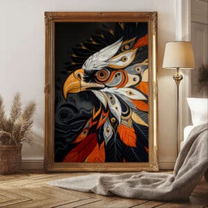 Transform your living space with the Bold Eagle Native Style Print, a striking piece of Canadian aboriginal artwork that seamlessly combines colorful designs with cultural significance. This artwork reflects the deep connection between the First Nations people and nature, embodying the spirit of indigenous artistry that promotes appreciation for wildlife and natural beauty. Made with high-quality materials, this eye-catching print ensuring vibrant colors and intricate details that will elevate any room. Measuring 20 x 28 inches, this artwork is perfect for use as a statement piece in your living room, bedroom, or office. It adds an artistic touch to any decor style, making it an excellent choice for maximalist home settings or as a colorful accent in minimalist spaces. The Bold Eagle Native Style Print is designed to inspire joy and creativity, bringing a sense of warmth and connection to your environment, and reminding you of the beauty of indigenous heritage. This print also makes for a thoughtful and unique gift—ideal for housewarmings, weddings, or as a traditional art gift that celebrates Canadian culture. To keep your print looking its best, display it away from direct sunlight and dust lightly with a soft cloth.
