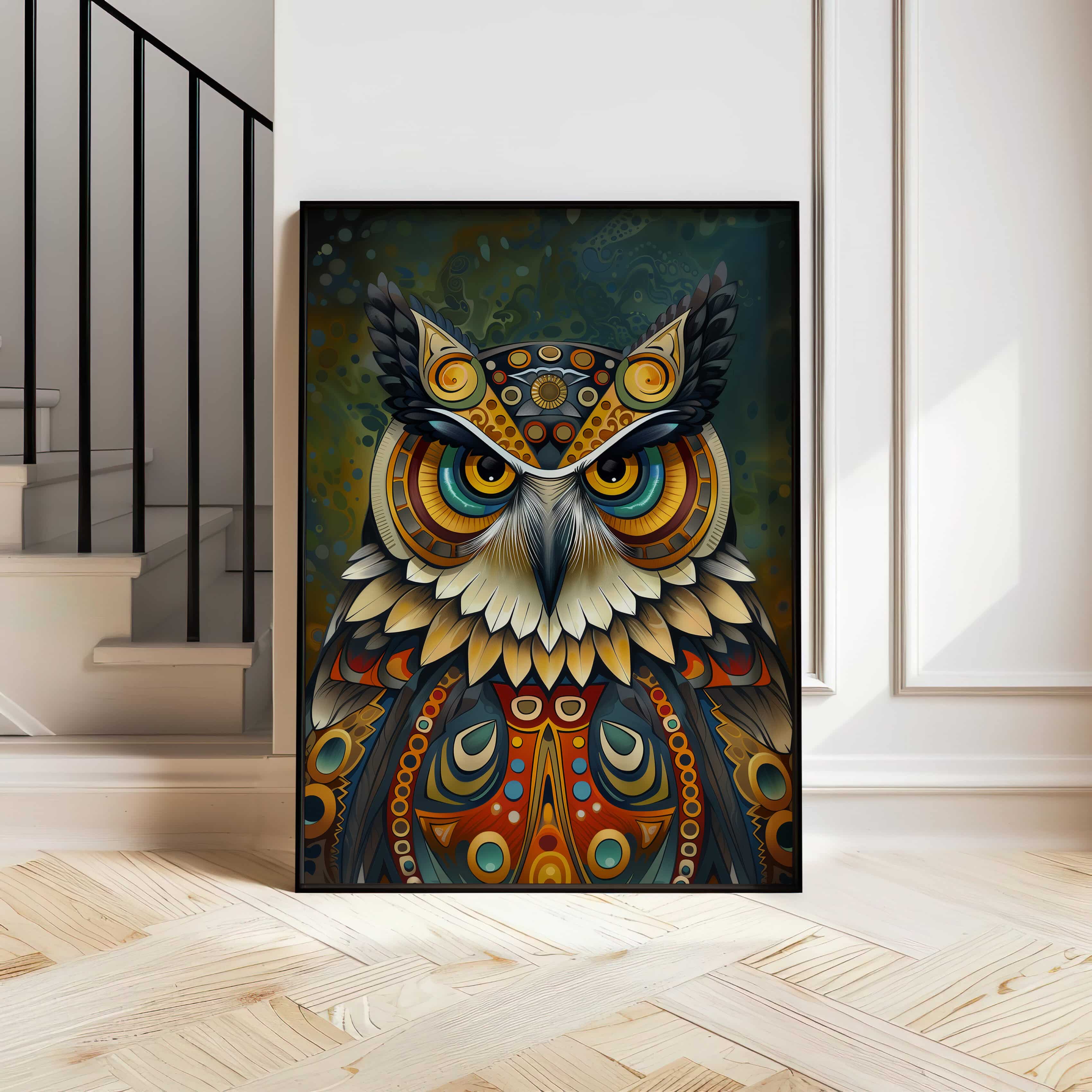 Colorful Owl Canadian Aboriginal Style Print, Contemporary Bird Artwork Inspired by Indigenous Art for Home Decor, Dopamine Housewarming Gift Art