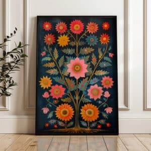 Vibrant Folk Art Flower Tree of Life Decor, Traditional Indian Kalamkari Style Print for Artistic Wall Gallery, Perfect Madhubani Style Wedding Gift - photo #7