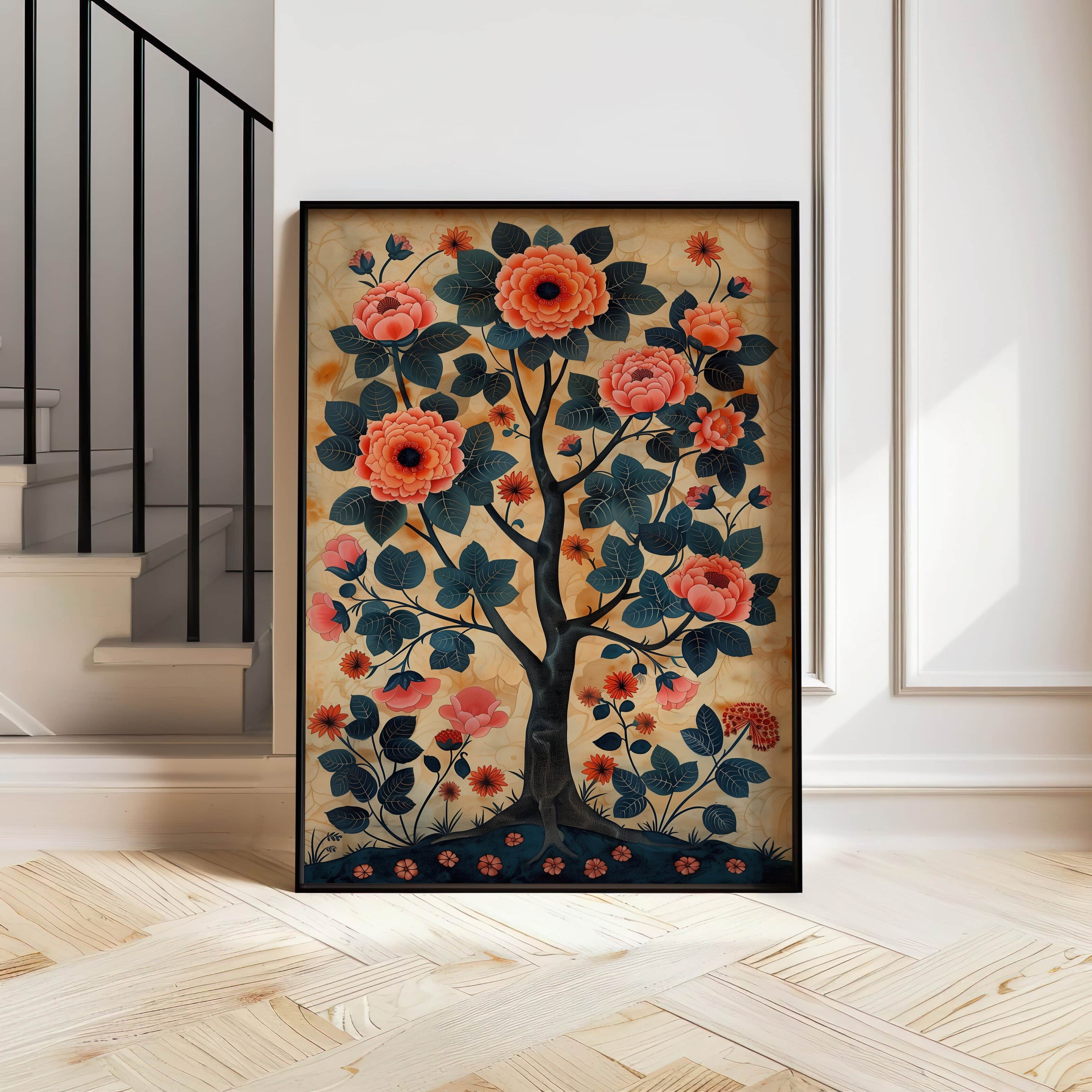 Vibrant Blooming Tree of Life Inspired by Indian Folk Art, Madhubani & Pichwai Styles Wall Decor for Housewarming or Wedding Gift