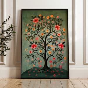 Blooming Tree of Life Inspired Folk Art India, Pichwai Print for Modern Indian Wall Decor, Unique Wedding Gift, Bright Indian Artwork for Living Room