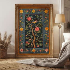 Bird & Blooming Tree Folk Art Style Wall Art, Colorful Madhubani and Pichwai-Inspired Indian Artwork for Wall Decor, Unique Wedding Gift