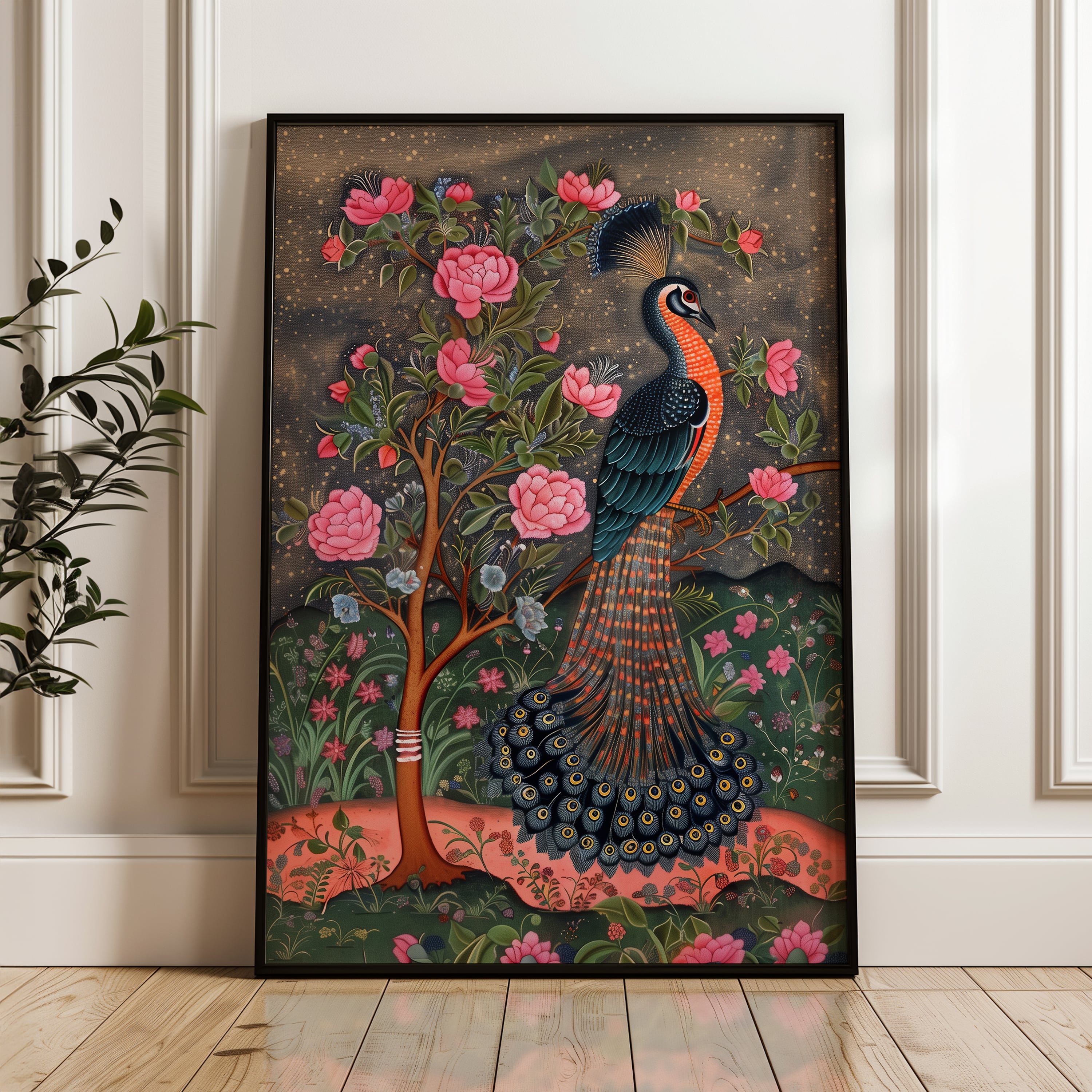 Peacock and Pink Flowers Indian Folk Style Artwork, Vibrant Madhubani & Mughal Print for Unique Home Decor, Perfect Housewarming Gift