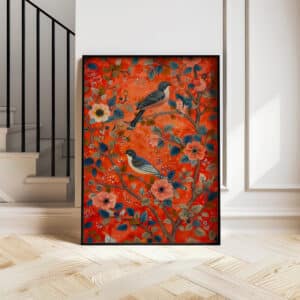 Vibrant Madhubani-Inspired Indian Wall Decor, Folk Flower Tree with Birds Art India, Colorful Contemporary Print for Bright Spaces, Ideal Cultural Gift