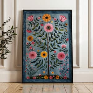 Blue & Pink Floral Indian Folk Art Print, Unique Pichwai Style Artwork for Living Room Decor, Madhubani Artwork for Home Decor, Gift for Any Occasion