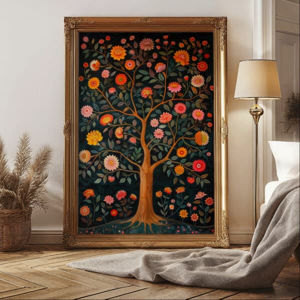 Tree of Life Indian Floral Art Print, Vibrant Contemporary Madhubani Folk Painting Style Artwork for Living Room Decor, Unique Housewarming Gift