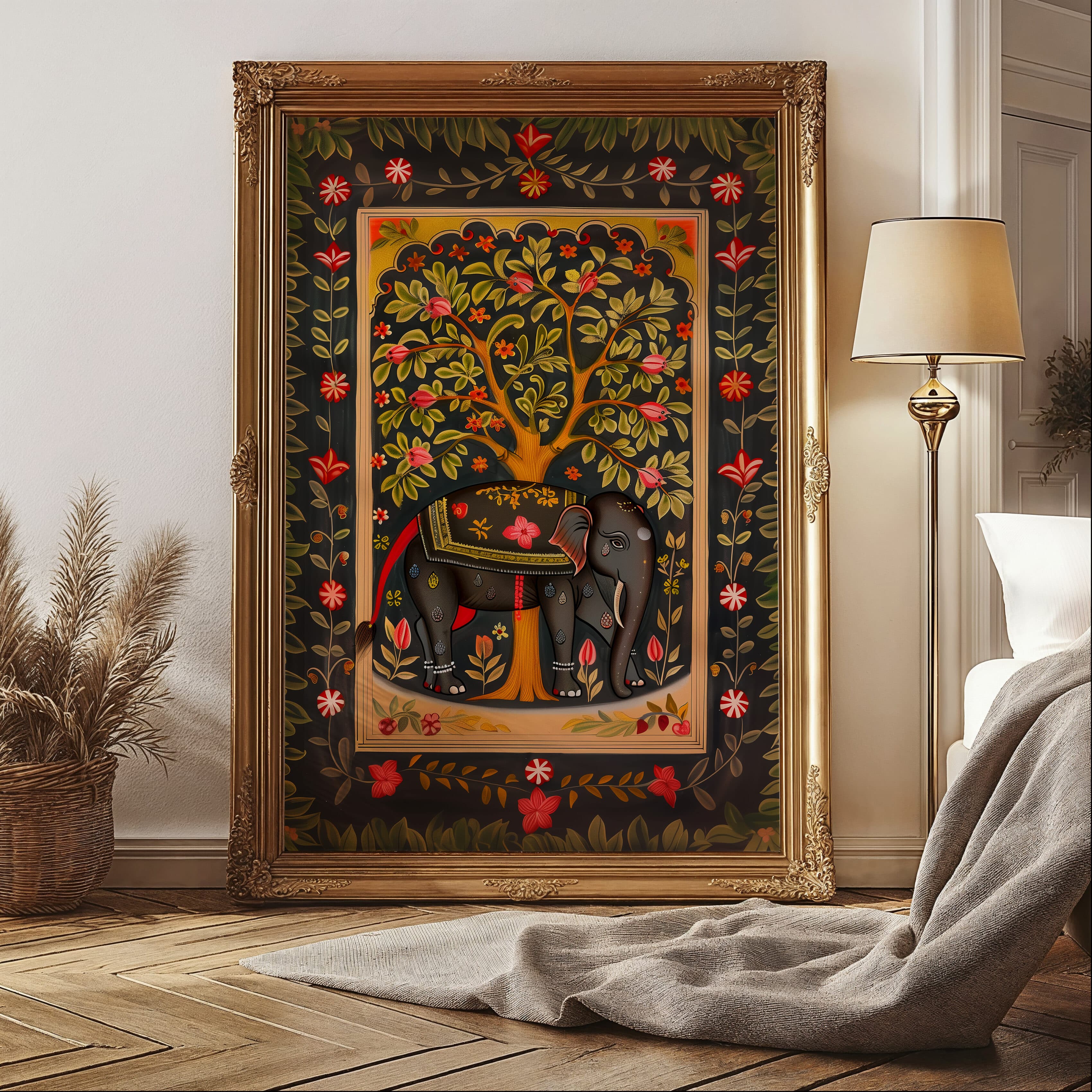 Black Indian Elephant Print, Colorful Pichwai Painting Style Artwork, Traditional Indian Art for Home & Office Wall, Thoughtful Wedding Gift