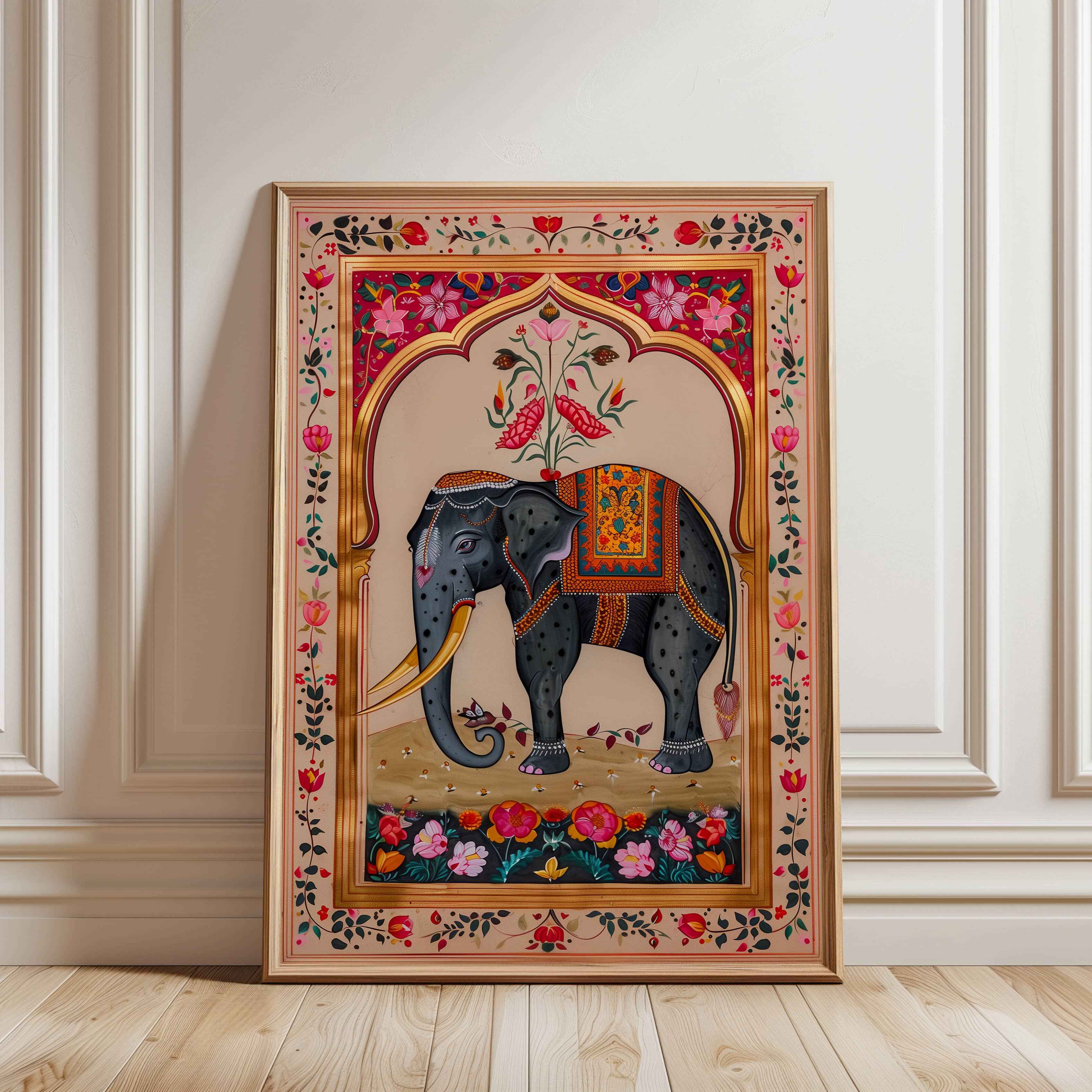 Pink Indian Elephant Print, Vibrant Madhubani Folk Art Wall Decor for Home, Mughal Artwork for Living Room, Perfect Housewarming or Wedding Gift