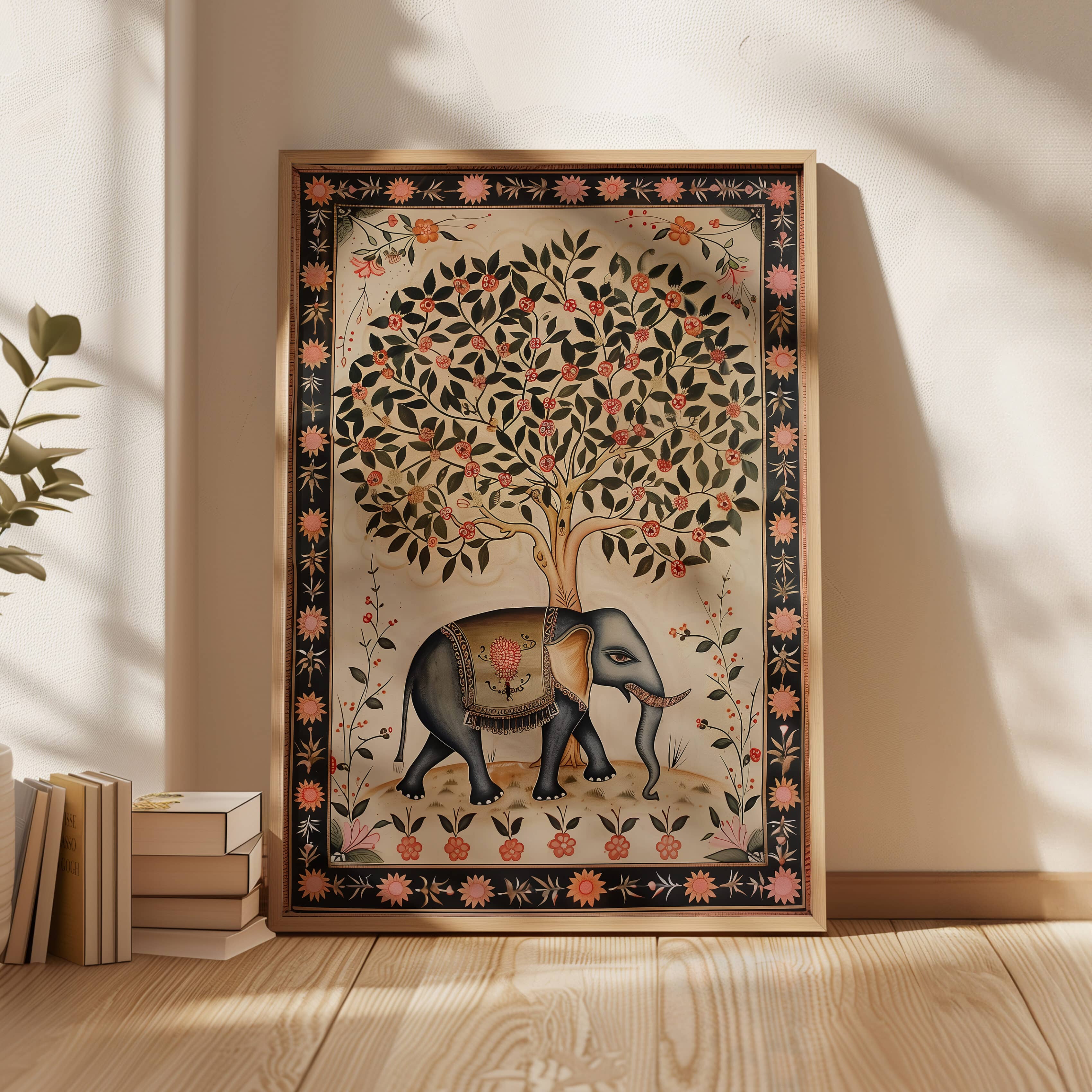 Gentle Beige Indian Elephant Artwork, Beautiful Print Wall Art with Mughal Motifs, Pichwai Style Poster Ideal for Living Room or Office Decor Gift