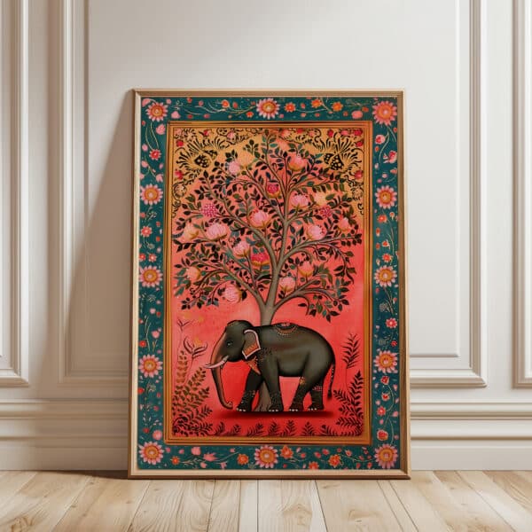 Vibrant Pink Indian Elephant Artwork, Colorful Madhubani Print for Home Decor, Decorative Mughal-Inspired Wall Art Unique Wedding Gift Idea