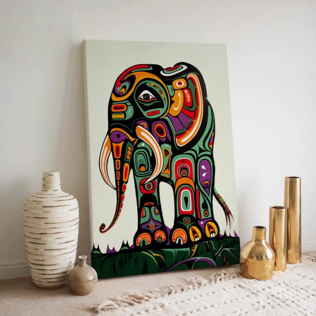 Colorful Mammoth Print on Canvas Inspired by Indigenous Native Art, Unique Aboriginal Style Artwork for Living Room Accent or Office Decor Gift