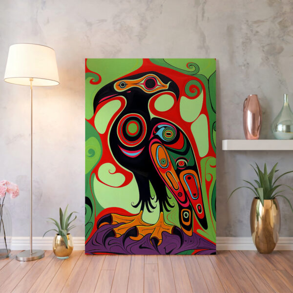 Eagle Bird Canvas Print Inspired by Canadian Inuit Art, Extra Large Colorful Aboriginal Indigenous Style Artwork, Wall Decor Gift for Nature Lovers