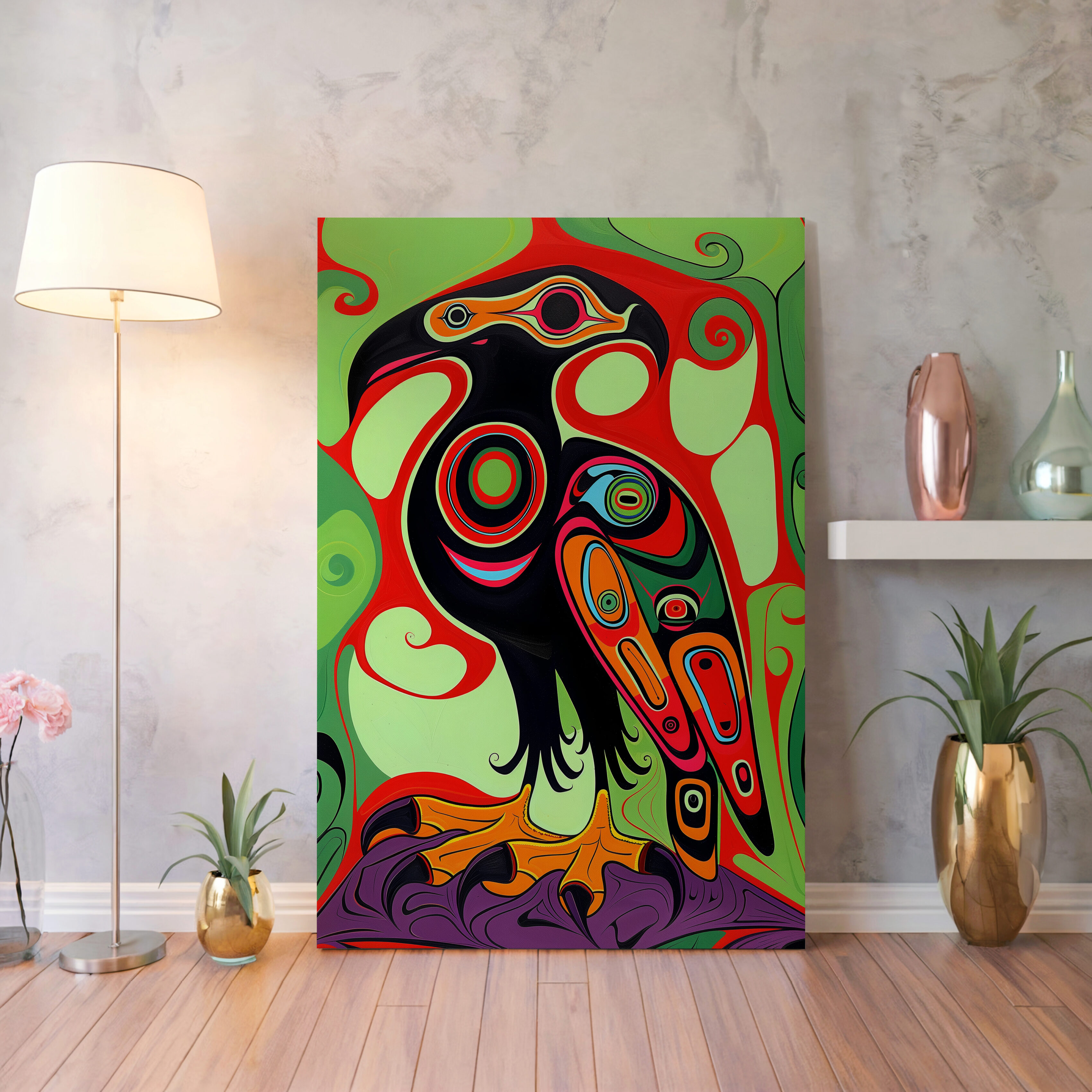 Eagle Bird Canvas Print Inspired by Canadian Inuit Art, Extra Large Colorful Aboriginal Indigenous Style Artwork, Perfect Wall Decor Gift for Nature Lovers