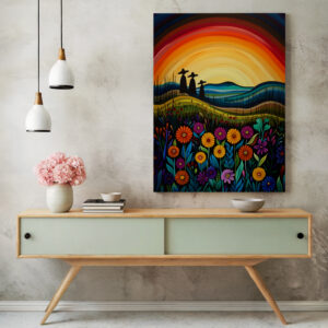 Colorful Sunset Wall Art Inspired by Canadian Indigenous Artwork, Vibrant Aboriginal Art Style Print on Canvas for Cultural Home Decoration & Gift - photo #7