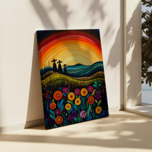 Colorful Sunset Wall Art Inspired by Canadian Indigenous Artwork, Vibrant Aboriginal Art Style Print on Canvas for Cultural Home Decoration & Gift - photo #4