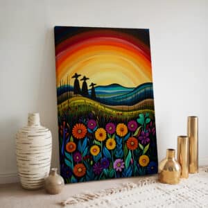 Colorful Sunset Wall Art Inspired by Canadian Indigenous Artwork, Vibrant Aboriginal Art Style Print on Canvas for Cultural Home Decoration & Gift