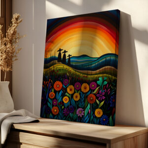 Colorful Sunset Wall Art Inspired by Canadian Indigenous Artwork, Vibrant Aboriginal Art Style Print on Canvas for Cultural Home Decoration & Gift - photo #1