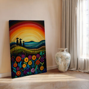 Colorful Sunset Wall Art Inspired by Canadian Indigenous Artwork, Vibrant Aboriginal Art Style Print on Canvas for Cultural Home Decoration & Gift - photo #9