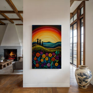 Colorful Sunset Wall Art Inspired by Canadian Indigenous Artwork, Vibrant Aboriginal Art Style Print on Canvas for Cultural Home Decoration & Gift - photo #2