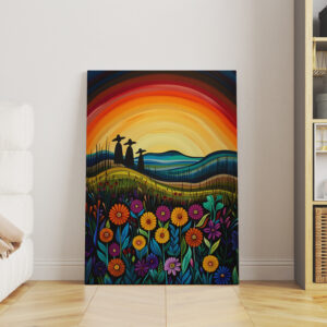 Colorful Sunset Wall Art Inspired by Canadian Indigenous Artwork, Vibrant Aboriginal Art Style Print on Canvas for Cultural Home Decoration & Gift - photo #12