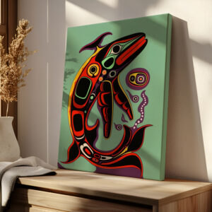 Salmon Print on Canvas Inspired by Native Canadian Art, Colorful Fish Aboriginal Style Artwork for Unique Wall Decor, Perfect Housewarming Gift - photo #7