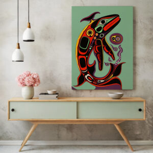 Salmon Print on Canvas Inspired by Native Canadian Art, Colorful Fish Aboriginal Style Artwork for Unique Wall Decor, Perfect Housewarming Gift - photo #4