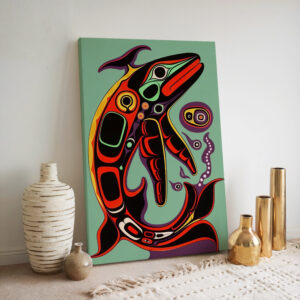 Salmon Print on Canvas Inspired by Native Canadian Art, Colorful Fish Aboriginal Style Artwork for Unique Wall Decor, Perfect Housewarming Gift - photo #2