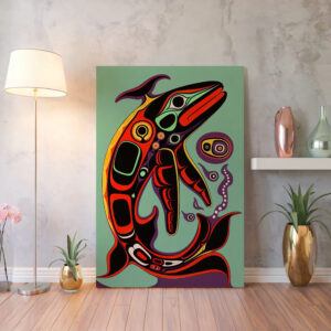 Salmon Print on Canvas Inspired by Native Canadian Art, Colorful Fish Aboriginal Style Artwork for Unique Wall Decor, Perfect Housewarming Gift - photo #1