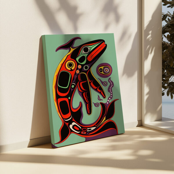 Salmon Print on Canvas Inspired by Native Canadian Art, Colorful Fish Aboriginal Style Artwork for Unique Wall Decor, Perfect Housewarming Gift