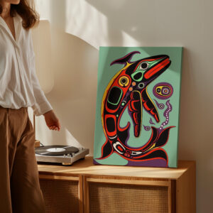 Salmon Print on Canvas Inspired by Native Canadian Art, Colorful Fish Aboriginal Style Artwork for Unique Wall Decor, Perfect Housewarming Gift - photo #3