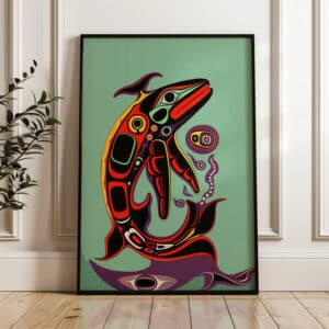 Colorful Salmon Print Inspired by Canadian Indigenous Art, Vibrant Aboriginal Style Wall Décor for Home, Unique Kitchen Housewarming Gift Art