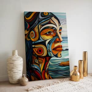 Abstract Portrait Canadian Aboriginal Inspired Wall Art, Colorful Extra Large Print Canvas Art for Indigenous and Inuit Style Home Decor Gift